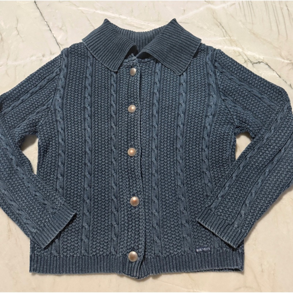 Blue Willi's Danish Design Cotton Cable Knit Collar Cardigan Sweater Blue Small